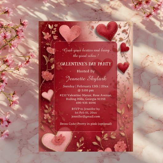Galentine's Day Party Heart Ivory Vine Floral Red  Acryl Uitnodigingen