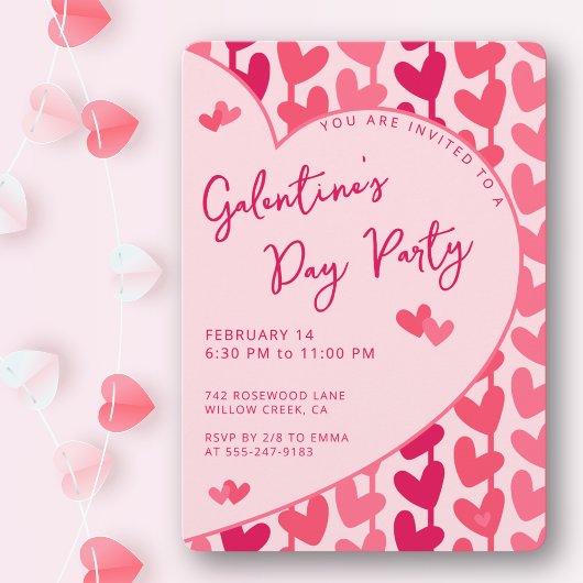 Galentine's Day Party Red Pink Hearts Modern  Kaart