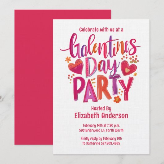 Galentines Day Red hand drawn Party Invitation Kaart (Voorkant / Achterkant)