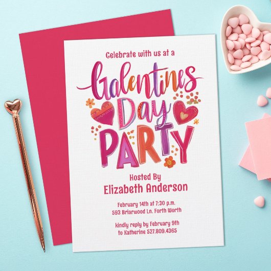 Galentines Day Red hand drawn Party Invitation Kaart