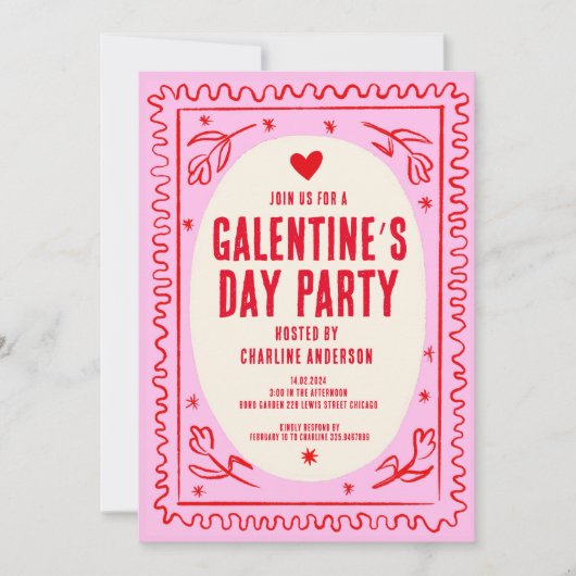 Galentine's Day Rood Roze hand getrokken Party Kaart (Voorkant)