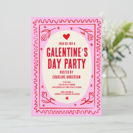 Galentine's Day Rood Roze hand getrokken Party Kaart (Staand voorkant)