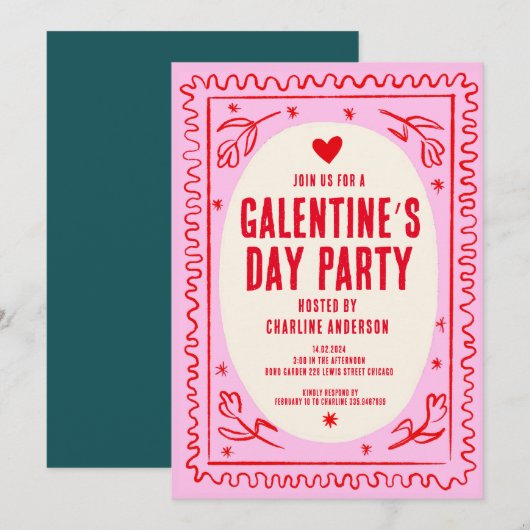 Galentine's Day Rood Roze hand getrokken Party Kaart (Voorkant / Achterkant)