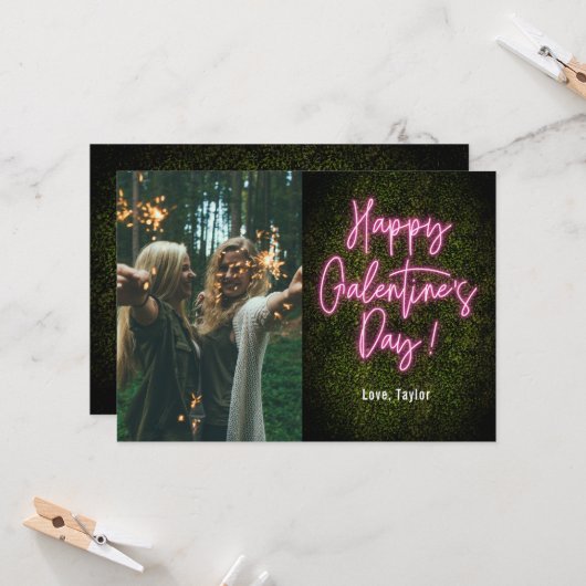 Galentine's Day Roze Neon Kaart (Voorkant / Achterkant in situ)