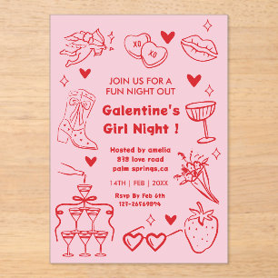 Galentine's Feest, Nacht Valentijn Handgetekend Acryl Uitnodigingen