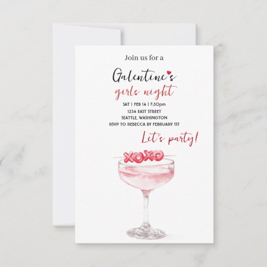 Galentines Feest Uitnodiging | Roze Cocktail (Voorkant)