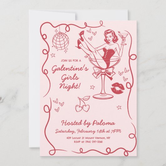 Galentines Girls Night Party Hand getekend roze Kaart (Voorkant)