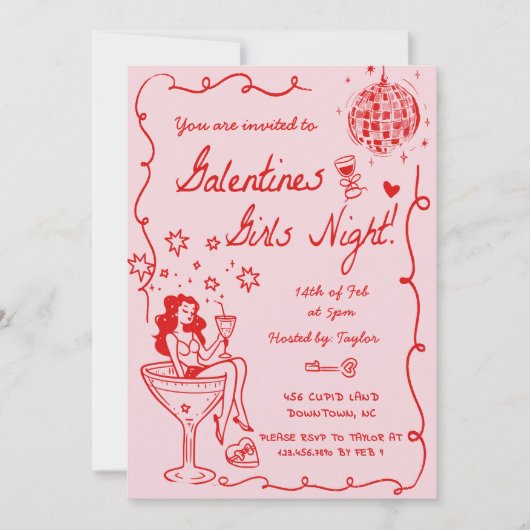 Galentines Girls Night Party Valentijn Party Getek Kaart (Voorkant)