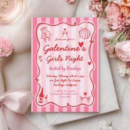 Galentine's Girls Night Pink Red Hand Drawn Party Kaart