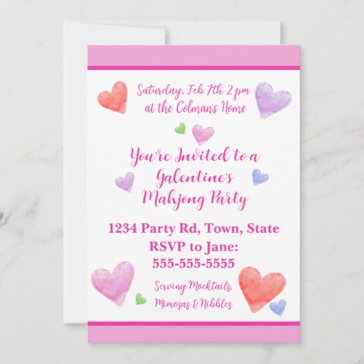 Galentine's Mahjong Party Watercolor Hearts Kaart (Voorkant)