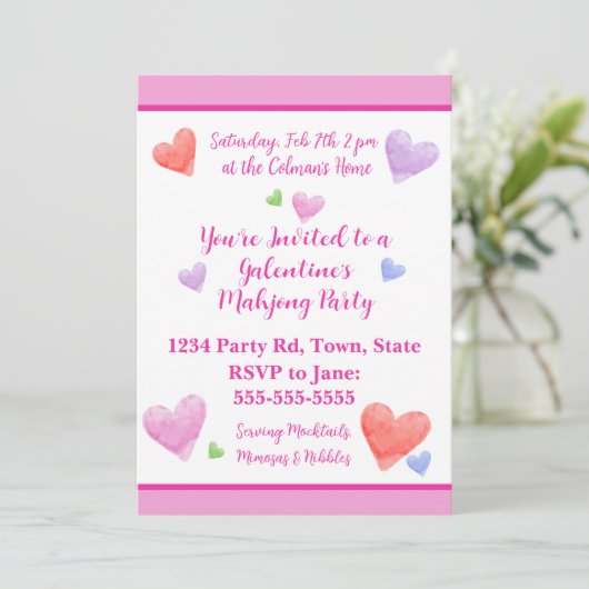 Galentine's Mahjong Party Watercolor Hearts Kaart (Staand voorkant)