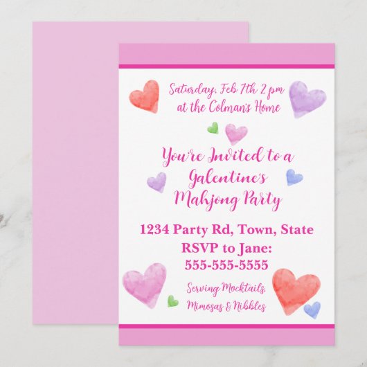 Galentine's Mahjong Party Watercolor Hearts Kaart (Voorkant / Achterkant)