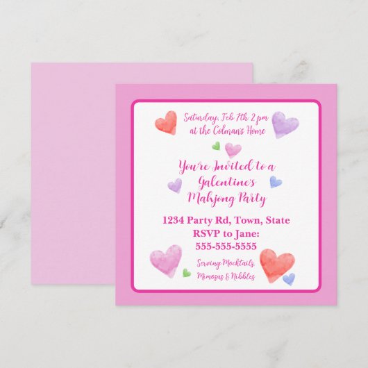 Galentine's Mahjong Party Watercolor Hearts Sq (Voorkant / Achterkant)