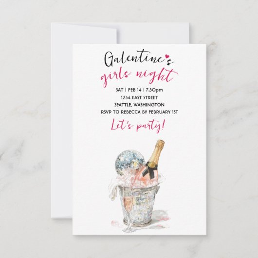Galentines Party Invitation Champagne & Disco Ball RSVP Kaartje (Voorkant)