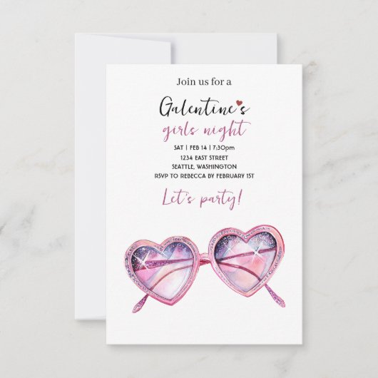 Galentines Party Invite | Heart Shaped Sunglasses RSVP Kaartje (Voorkant)