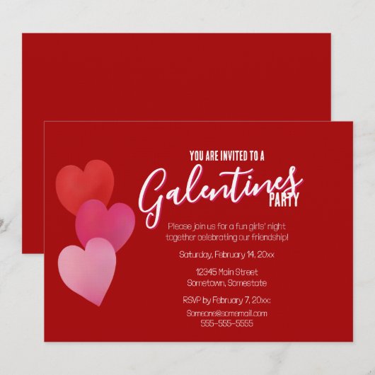 Galentines Party with 3 Hearts on Red Kaart (Voorkant / Achterkant)
