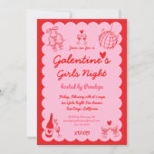 Galentine's Pink Red Hand Drawn Girls Night Party Kaart (Voorkant)