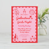 Galentine's Pink Red Hand Drawn Girls Night Party Kaart (Staand voorkant)