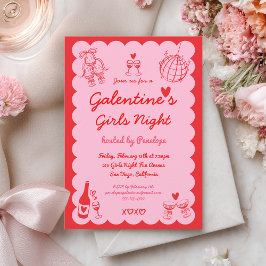Galentine's Pink Red Hand Drawn Girls Night Party Kaart