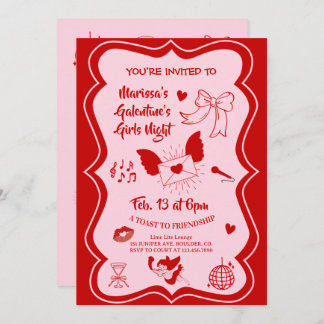 Galentine's Pink Red Hand Drawn Night Party Kaart