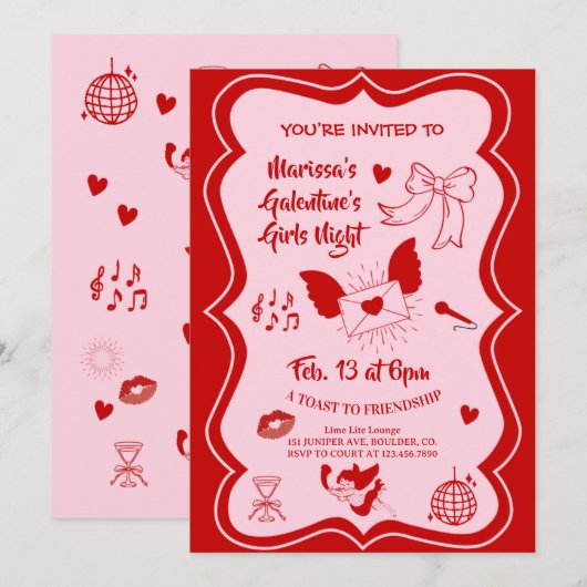 Galentine's Pink Red Hand Drawn Night Party Kaart (Voorkant / Achterkant)
