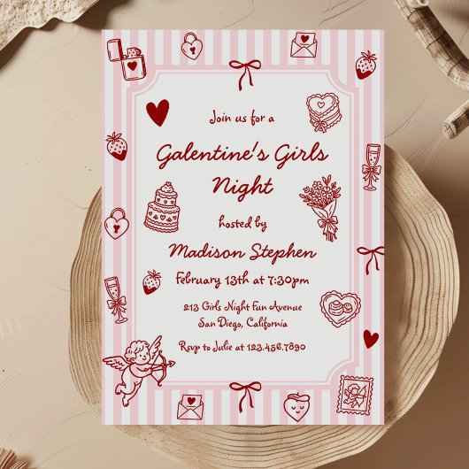 Galentine's Roze Rode Handgetekende Meisjes Avond Kaart