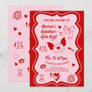 Galentine's Roze Rode Handgetekende Nachtfeest Kaart