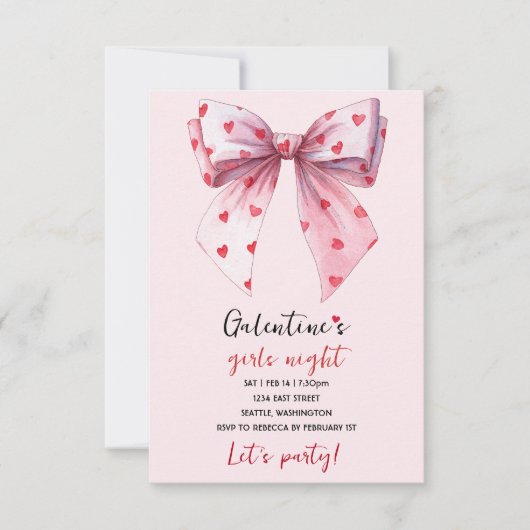 Galentines Roze Strik Feest Uitnodiging  (Voorkant)