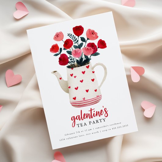 Galentine's Tea Party Teapot Floral  Invitation Kaart