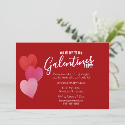 Galentinesfeest met 3 harten op rood kaart (Staand voorkant)