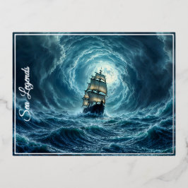 Galeon-schip storm maanverlichte oceaanreis folie feestdagen briefkaart