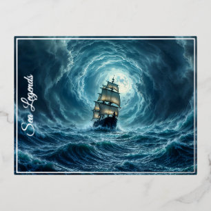Galeon-schip storm maanverlichte oceaanreis folie feestdagen briefkaart
