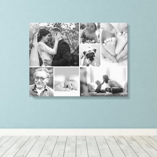 Galerie collage van zwarte en witte foto's canvas afdruk (Insitu (Houten vloer))