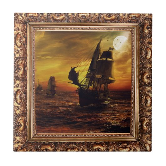 Galleons in het maanlicht afbeelding tegeltje (Voorkant)