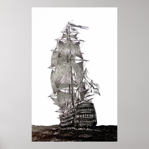 Galleon's pentekening in zwart en wit poster