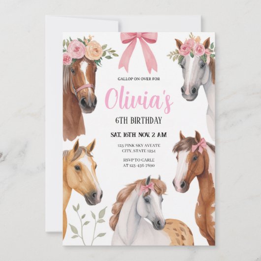 Gallop On Over Floral Horses & Bows Birthday Kaart (Voorkant)