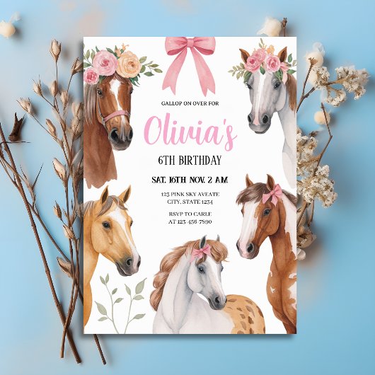 Gallop On Over Floral Horses & Bows Birthday Kaart