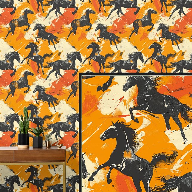 Galloping Black Horses op Sinaasappel Cream Behang (Creator heeft geüpload)