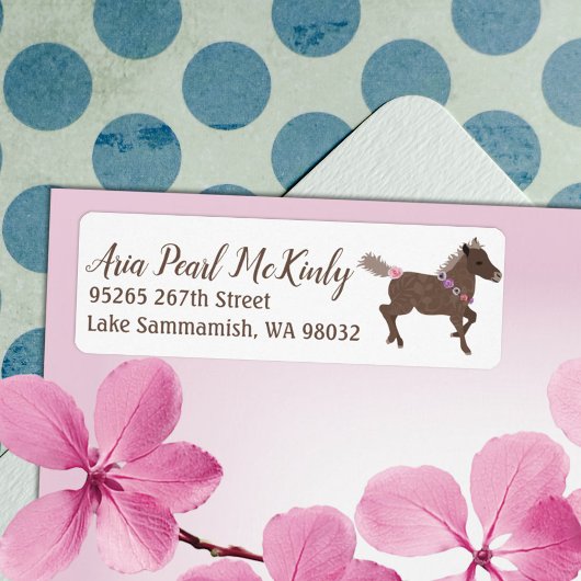Galloping Bruin Pony Roze Bloemen Adreslabel Etiket