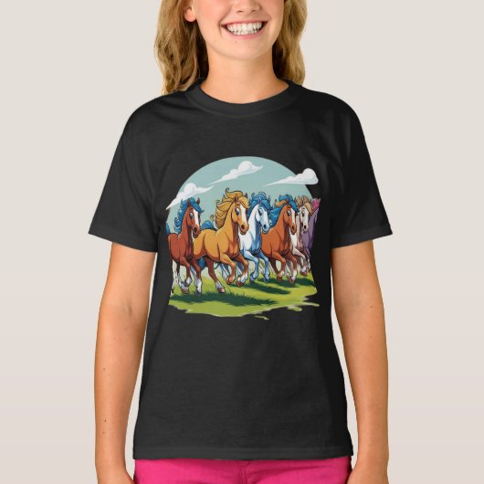 Galloping Cartoon Horses - geanimeerde kudde T-shirt (Voorkant)