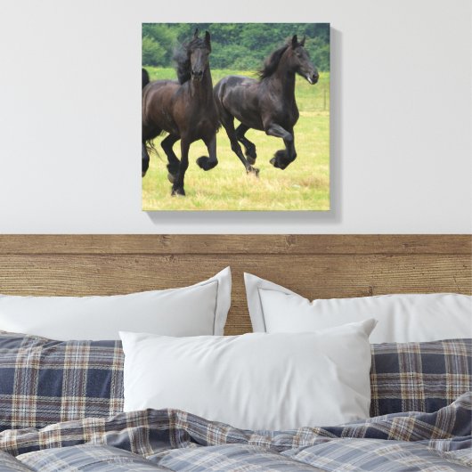 Galloping Friese Paarden Canvas Print (Insitu (Slaapkamer))