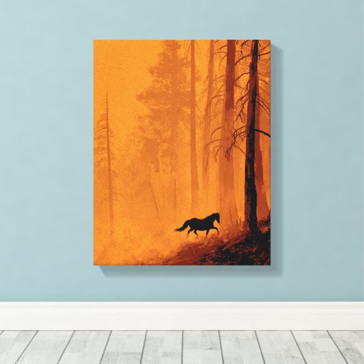 Galloping Horse Blaze Orange Forest Art Canvas Afdruk (Insitu (Houten vloer))