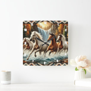 Galloping Horse Cascading Waterval Vierkante Klok