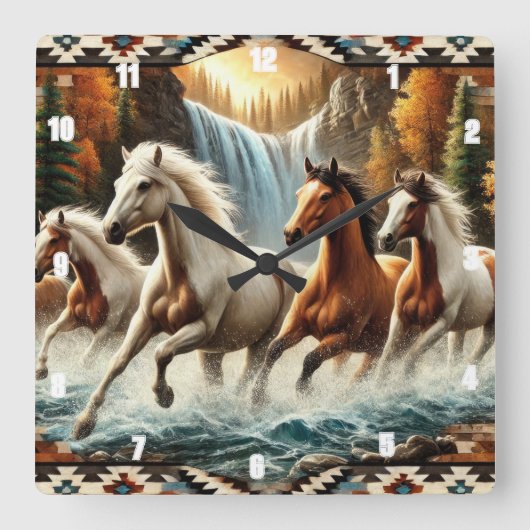 Galloping Horse Cascading Waterval Vierkante Klok (Voorkant)