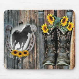 Galloping Horse Cowboy Boots Hoefijzer Sunflower Muismat