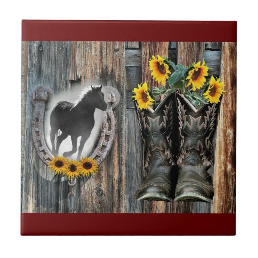 Galloping Horse Cowboy Boots Hoefijzer Sunflower Tegeltje (Voorkant)