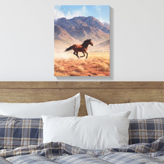 Galloping Mustang Desert Mountain Art Canvas Afdruk (Insitu (Slaapkamer))