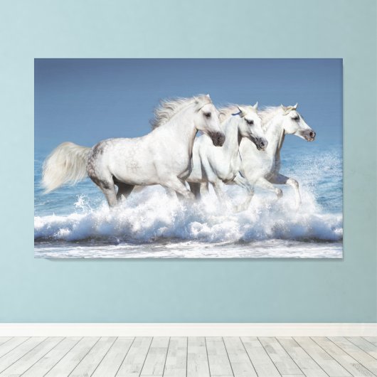 Galloping Witte Andalusische paarden Canvas Afdruk (Insitu (Houten vloer))