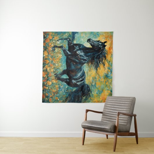 Galloping zwart hengst tapijt wandkleed (In Situ (horizontaal))