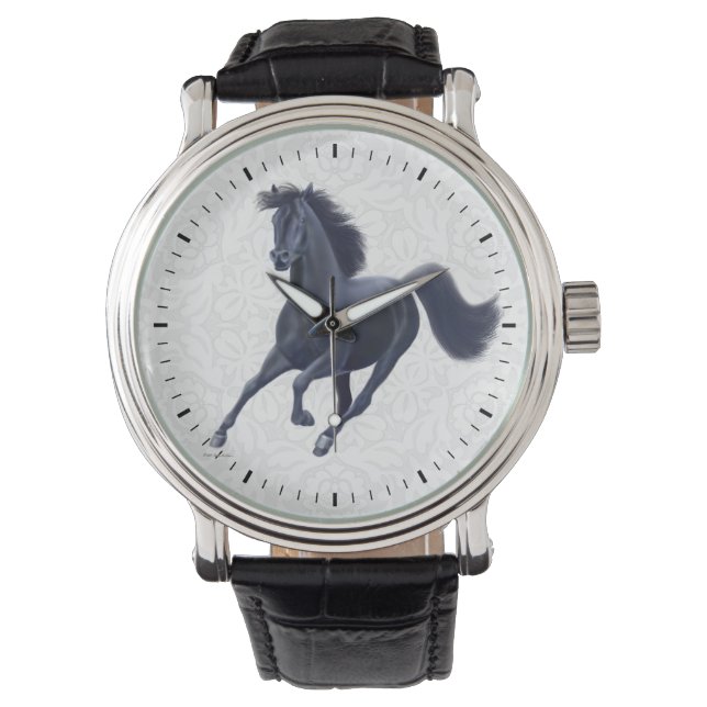 Galloping zwart volbloed paard horloge (Voorkant)